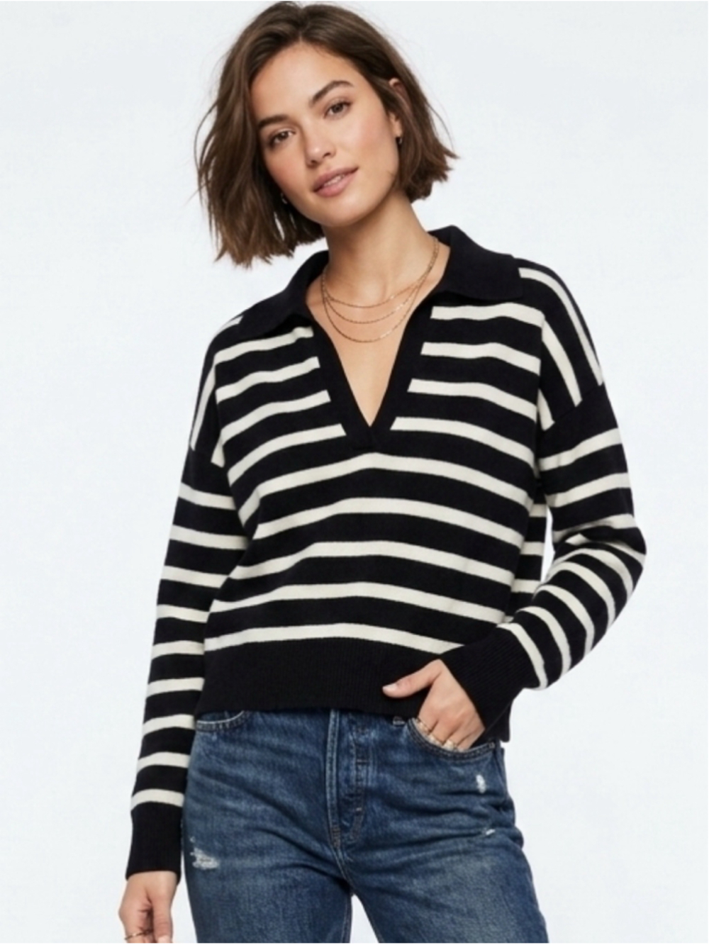 Nicole Miller NY Women’s Striped Collared Polo Sweater Black White XL - 937